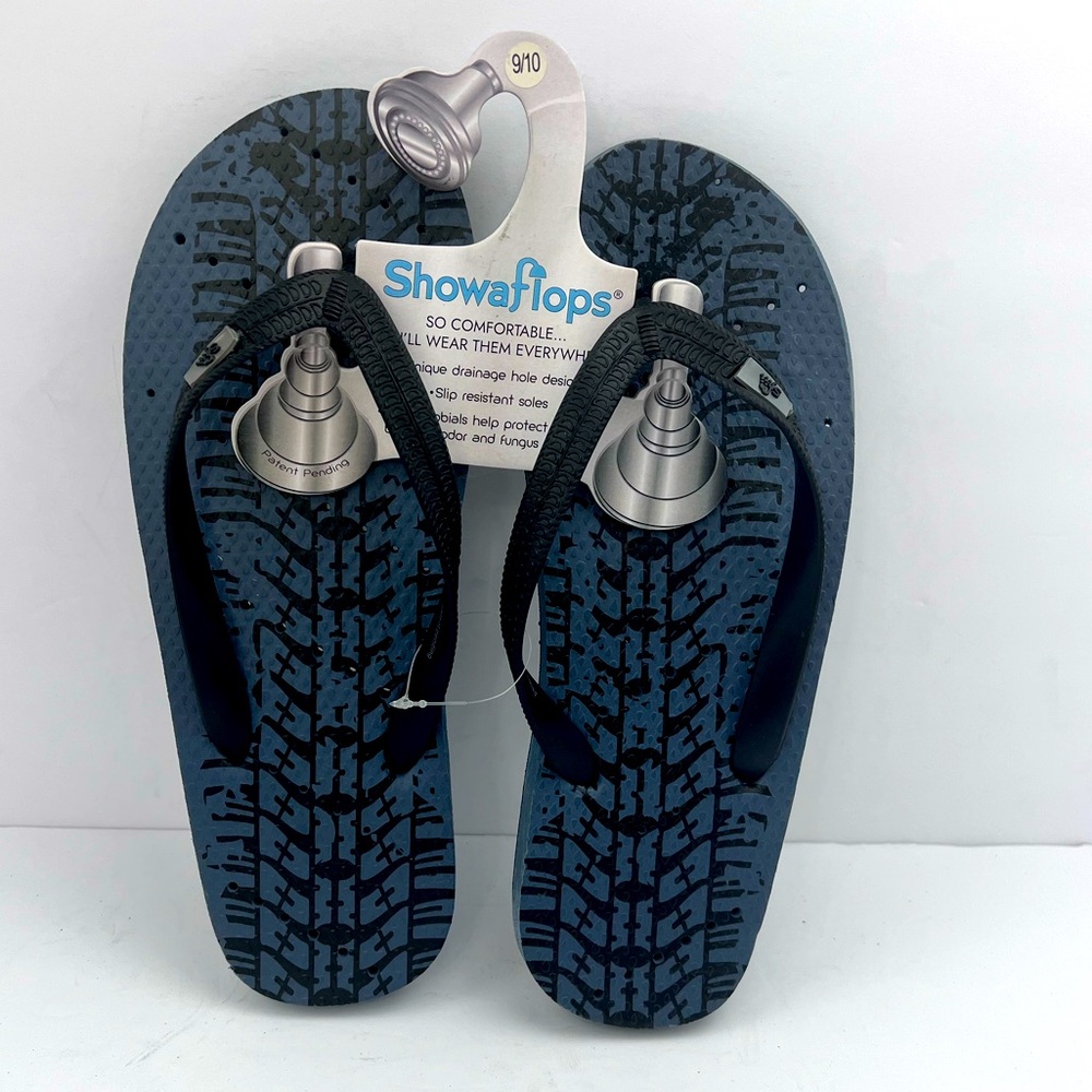 SHOWAFLOPS NON-SKID SHOWER FLIP FLOP W/ATHLETIC STRIPES, DRAIN HOLES, SIZE 9/10
